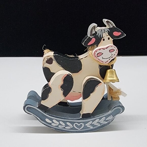 Wooden Rocking Jersey Cow With Bell Christmas Ornaments VTG 4" Tall - Picture 2 of 7